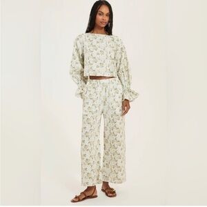 Something Navy Floral Wide Leg Pant Linen